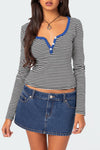 Black Stripe Contrast Trim Long Sleeve Henley Top