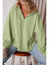 Smoke Green Half Zipper Kangaroo Pockets Drop Shoulder Hoodie