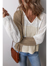 Brown Colorblock Hollow-out Tie V Neck Lightweight Sweater