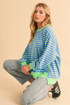 Sky Blue Stripe Contrast Trim High Low Tunic Sweatshirt