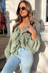 Meadow Mist Green Bow Tie Front Ruffle Trim V Neck Long Sleeve Blouse