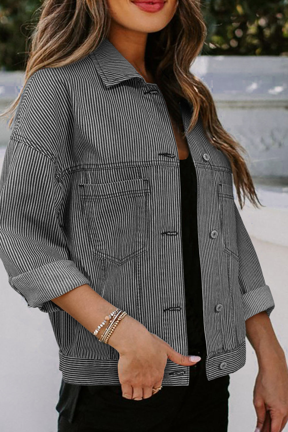 Blue Stripe Washed Oversized Pocketed Denim Jacket