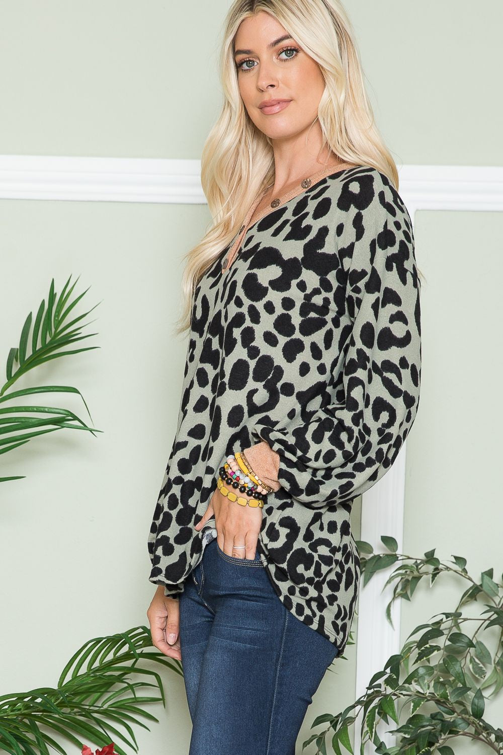 Celeste Full Size Leopard V-Neck Long Sleeve Blouse