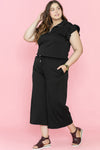 Black Plus Ruffled Sleeve Quarter Zip Top & Wide Leg Pants Set