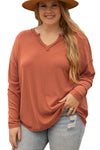 Gold Flame Plus Size Exposed Seam V Neck Long Sleeve Top