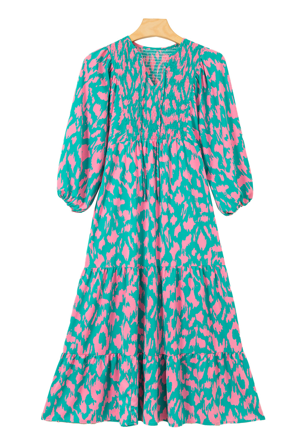 Sky Blue Abstract Print Puff Sleeve Smocked V Neck Maxi Dress