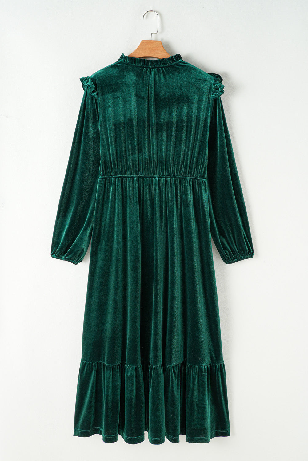 Blackish Green Frill Neck Velvet High Waist Plus Size Dress