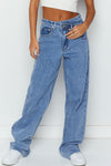 Sky Blue Mid Rise Asymmetrical Waist Wide Leg Jeans