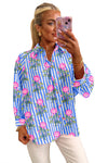 Blue Striped Floral Print Loose Fit Shirt