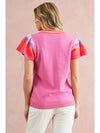 Bright Pink Contrast Sleeve Striped Round Neck Knitted Tee