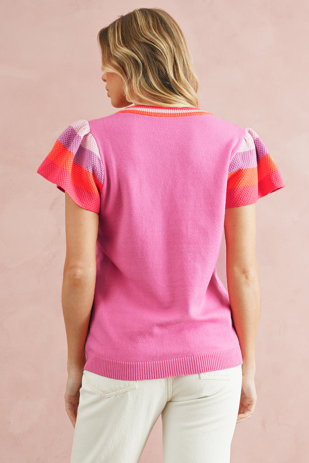 Bright Pink Contrast Sleeve Striped Round Neck Knitted Tee