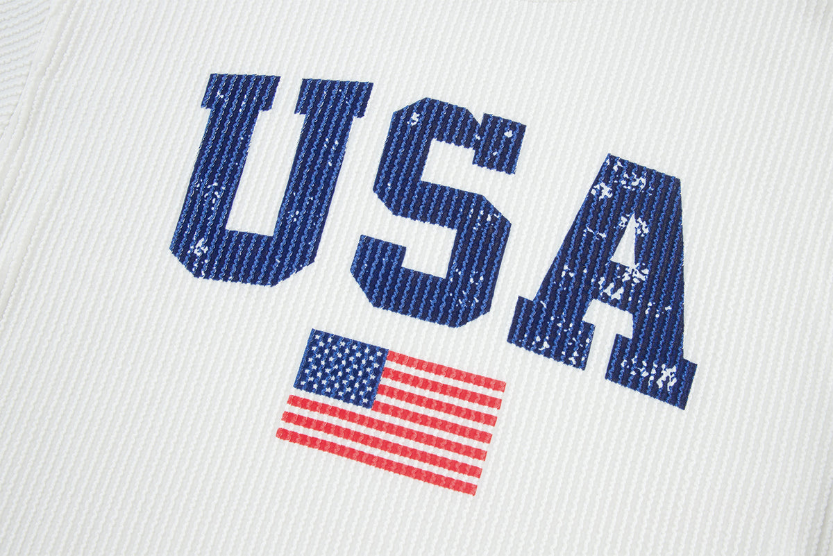 White USA Flag Print Ribbed Drop Shoulder Sweatshirt