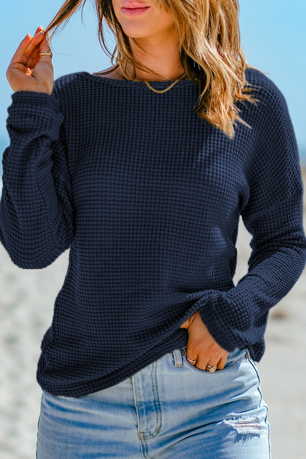 Navy Blue Waffle Knit Drop Shoulder Long Sleeve Top