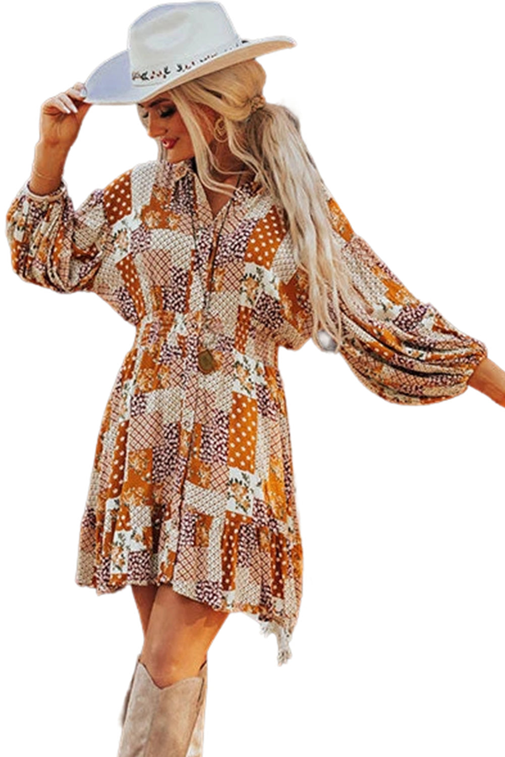 Orange Boho Floral Puff Sleeve Smocked Waist Mini Shirt Dress