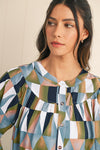 Green Geometric Print Button Balloon Sleeve Loose Fit Shirt