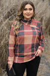 Mineral Red Plus Size Plaid Print Button Decor Asymmetric Neck Top