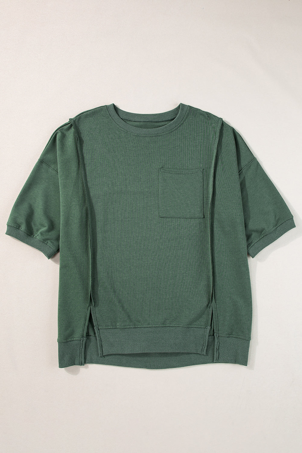 Laurel Green Exposed Seam Pocket Side Split Loose T Shirt