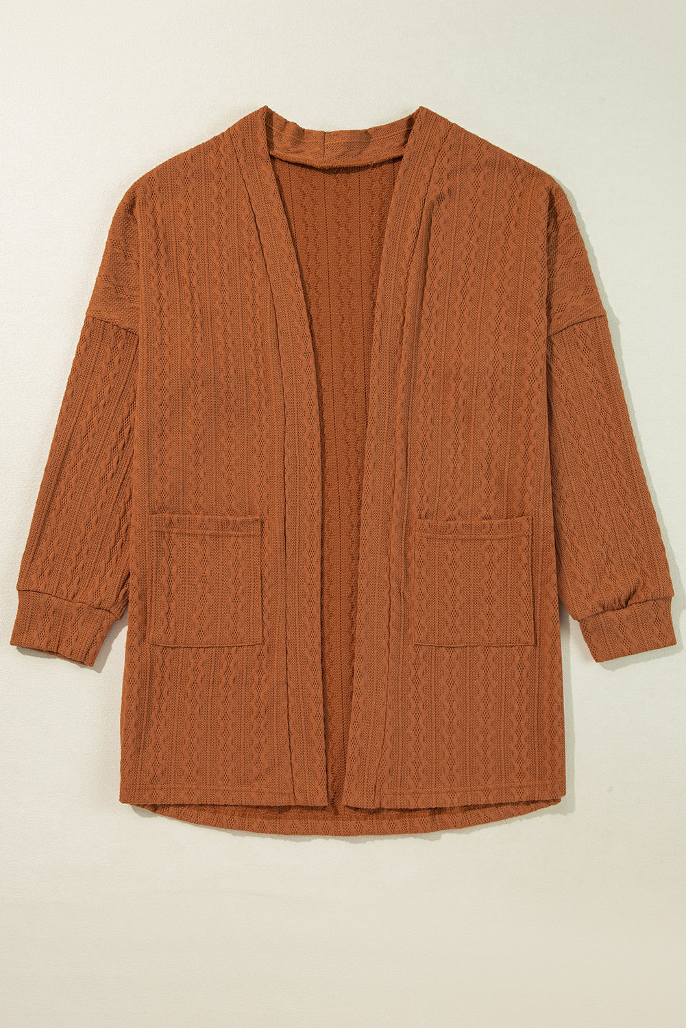 Chestnut Textured Knit Side Pockets Open Front Cardigan