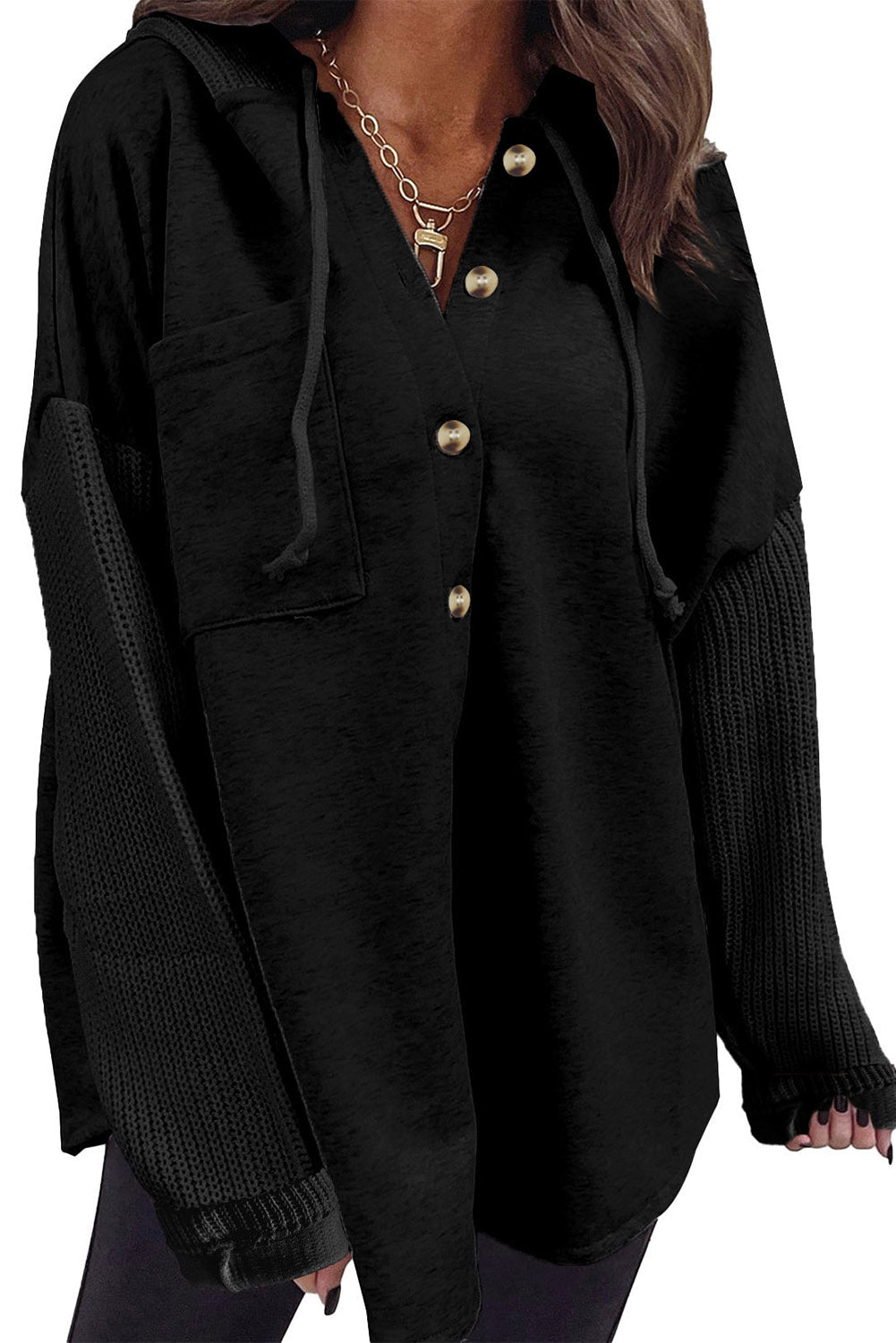 Black Button Up Knitted Sleeve Hoodie