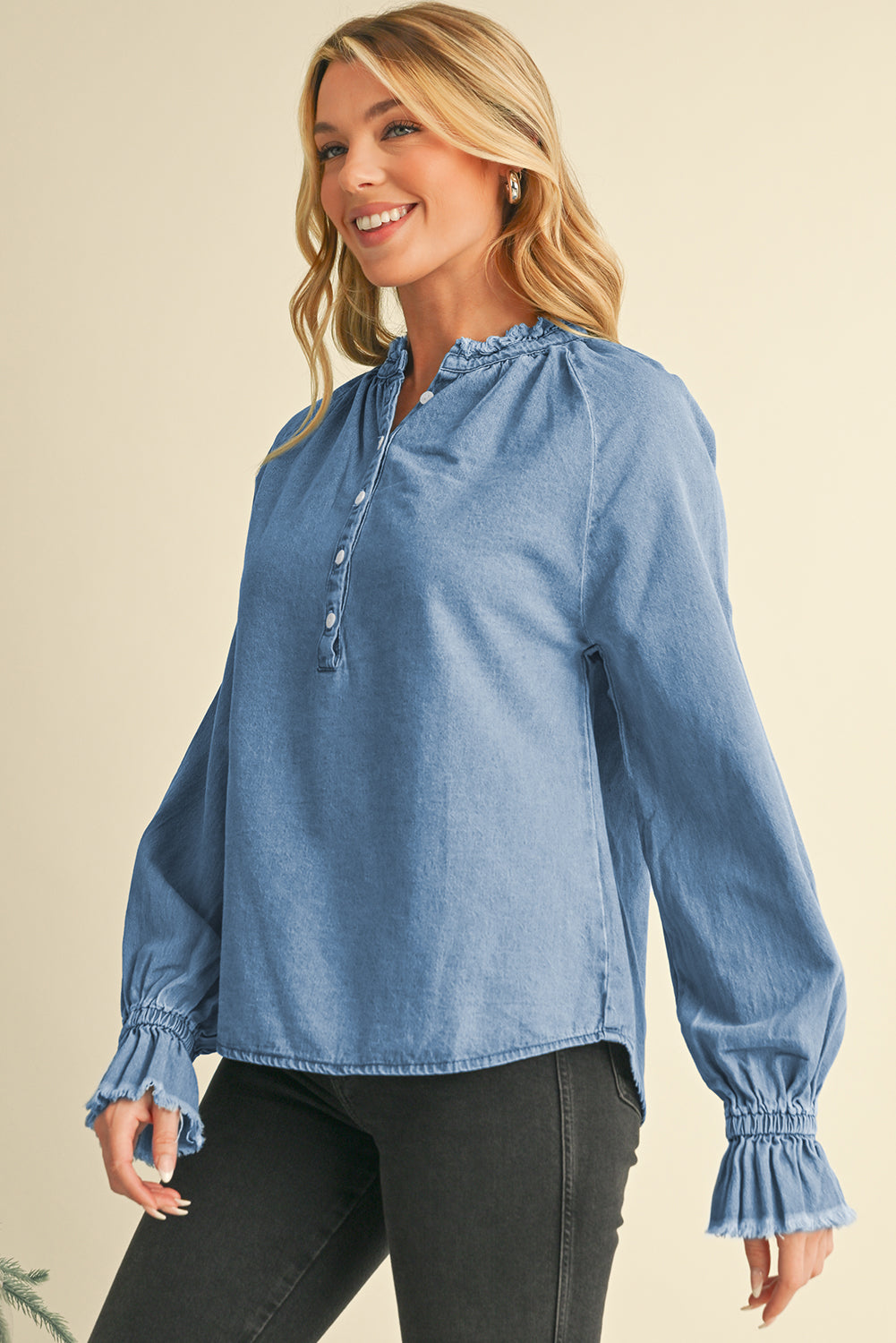 Sky Blue Frilled Raw Hem Half Buttoned Denim Top