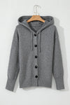 Black Button Up Drop Shoulder Knit Hooded Cardigan