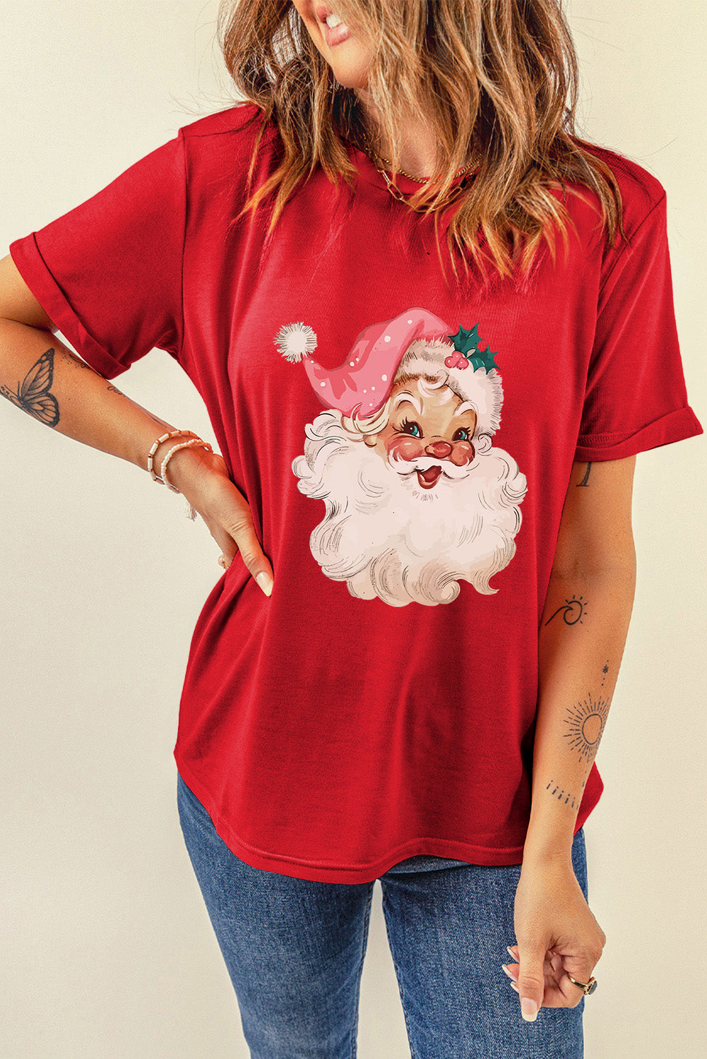 Red Christmas Santa Clause Print Crew Neck T Shirt