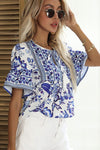 Perfee Printed Buttoned Flounce Sleeve Blouse - Cocoa Yacht Club