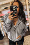 Gray Waffle Splicing Zip Up Front Button Hooded Jacket