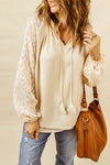 Beige Casual Leopard Sleeve Fringe Split Neck Blouse