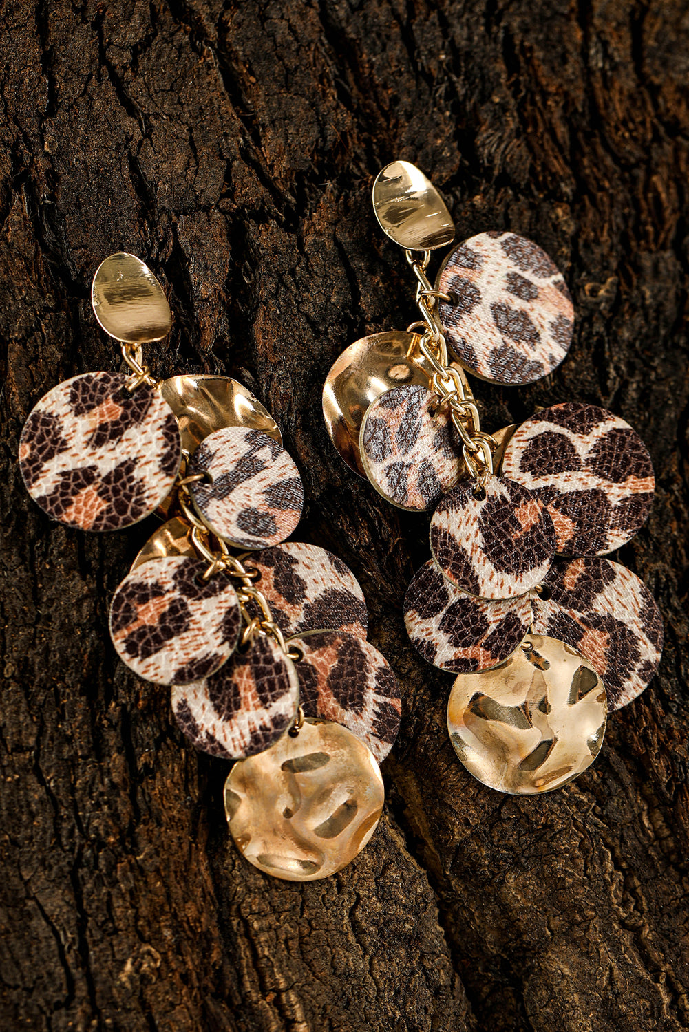 Chestnut Leopard Alloy Disc Stud Dangle Earrings