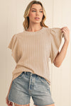 Beige Solid Color Textured Ruffle Short Sleeve Knit Top