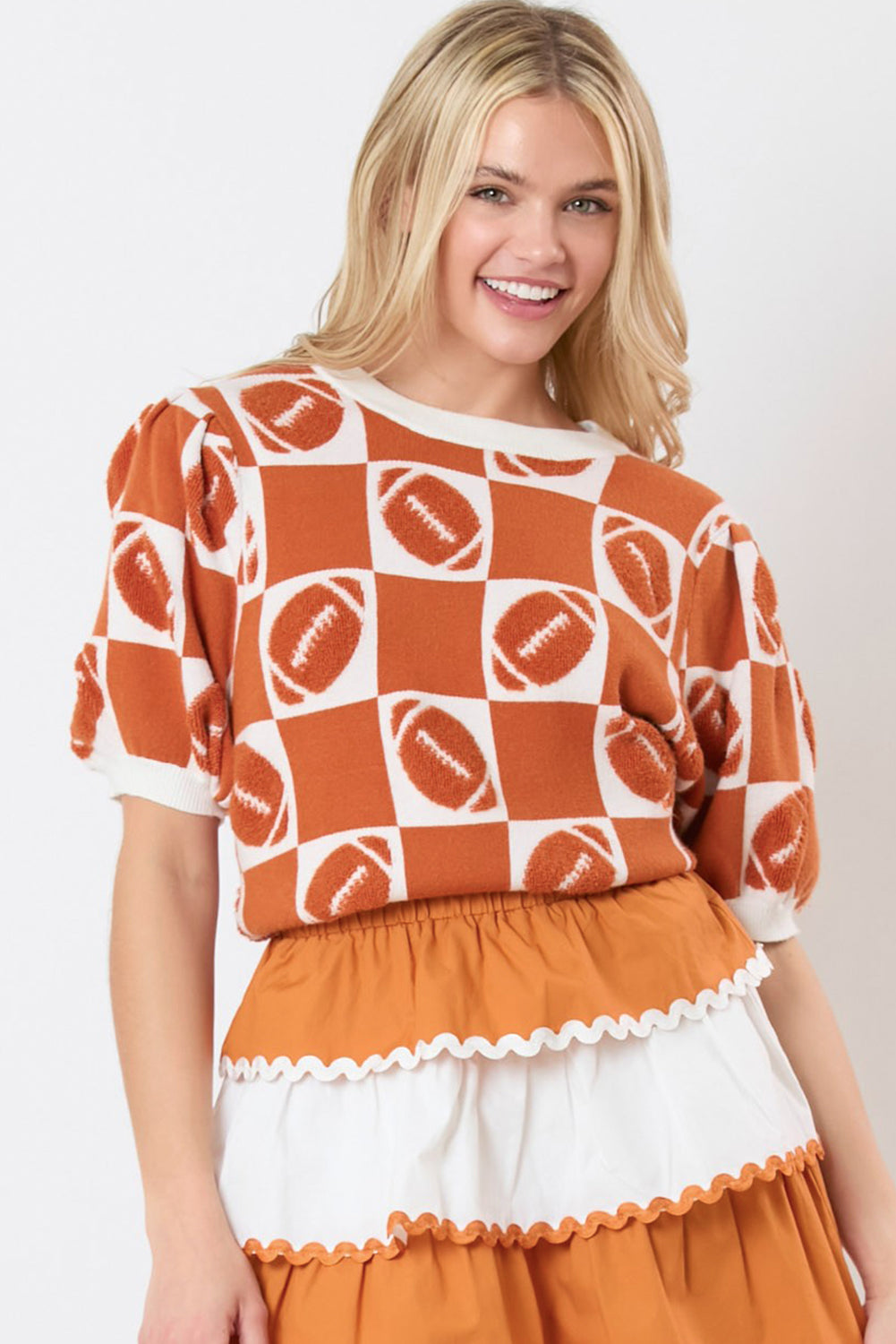 Orange Rugby Checkered Color Block Puff Sleeve Knit Top