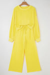 Yellow Cream Drop Shoulder Crop Pullover Drawstring Wide Leg Pants Set