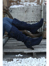 Navy Blue Dual Buckle Strap Side Zip Heeled Mid Calf Boots