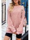 Pink Solid Ribbed Round Neck Pullover Sweatshirt