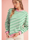 Bright Green Striped Contrast Trim Long Sleeve Top