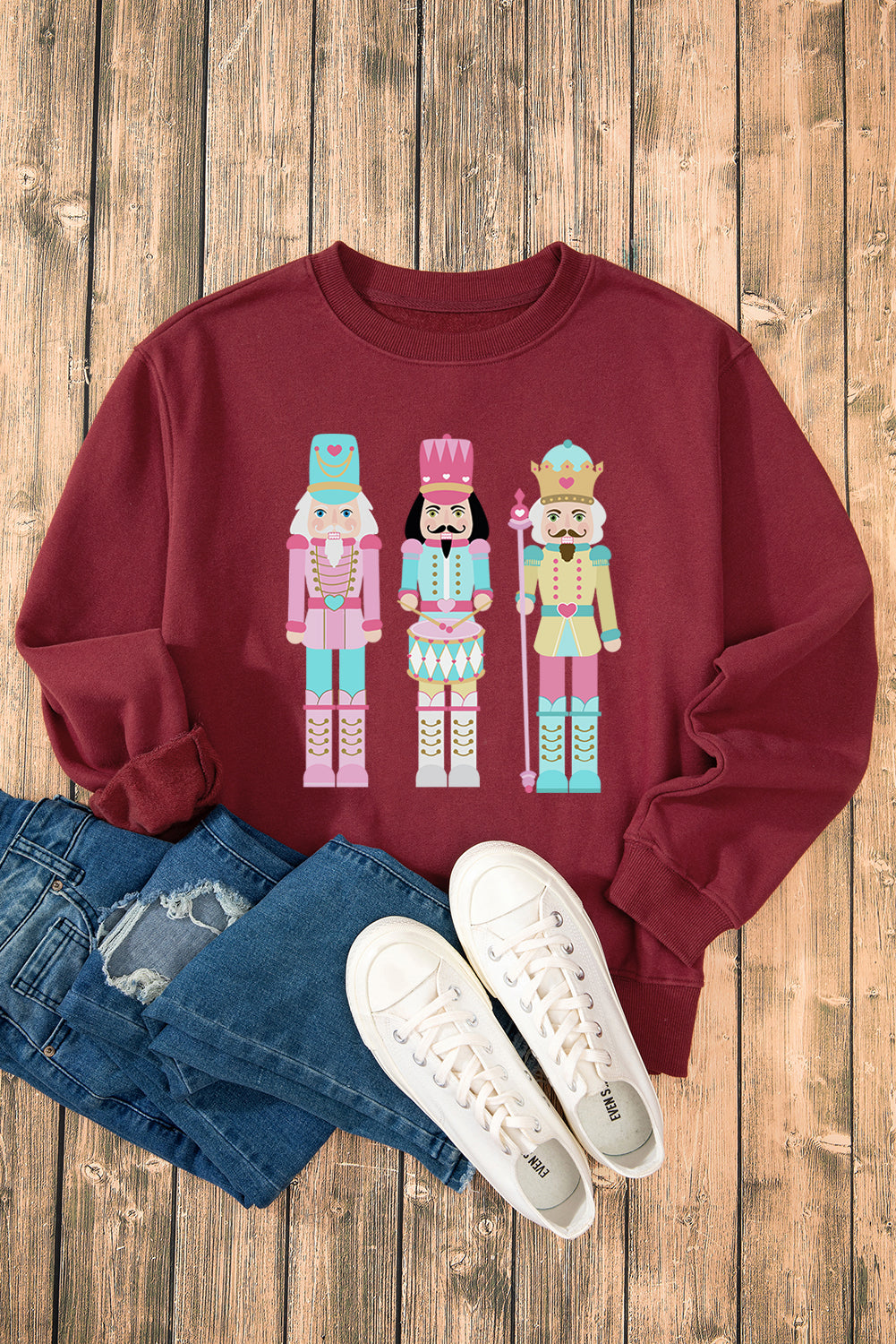 Burgundy Nutcracker Graphic Drop Shoulder Christmas Sweatshirt