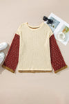 Beige Swiss Dot Drop Shoulder Patchwork Loose Knit Top