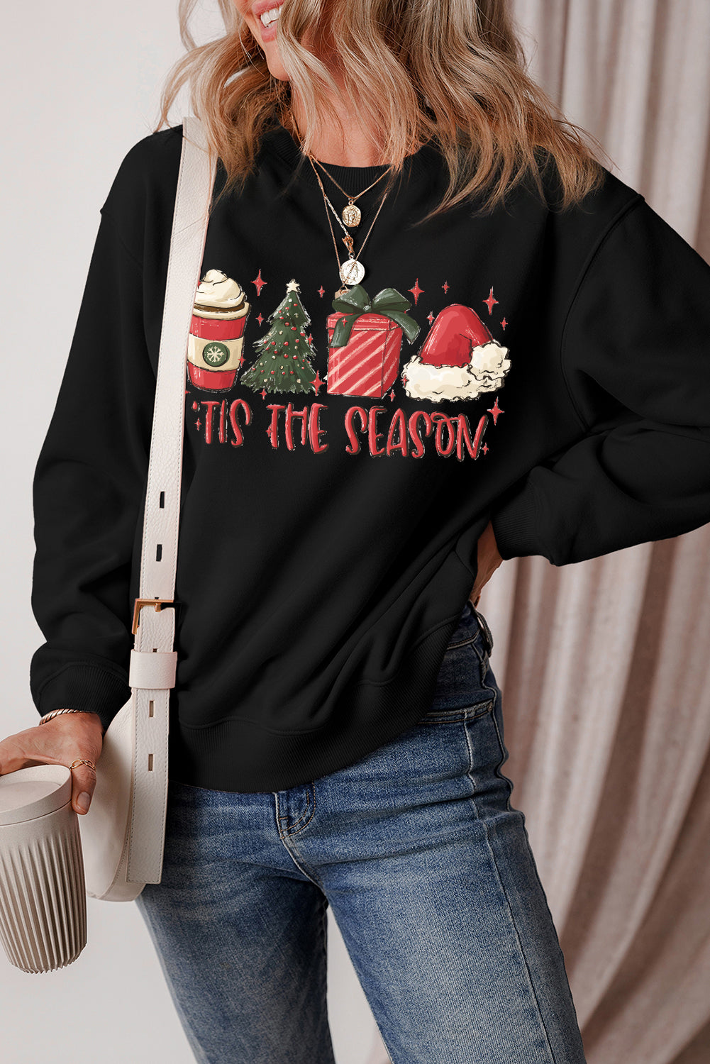 Black Christmas Season Graphic Fleece Lined Sweatshirt