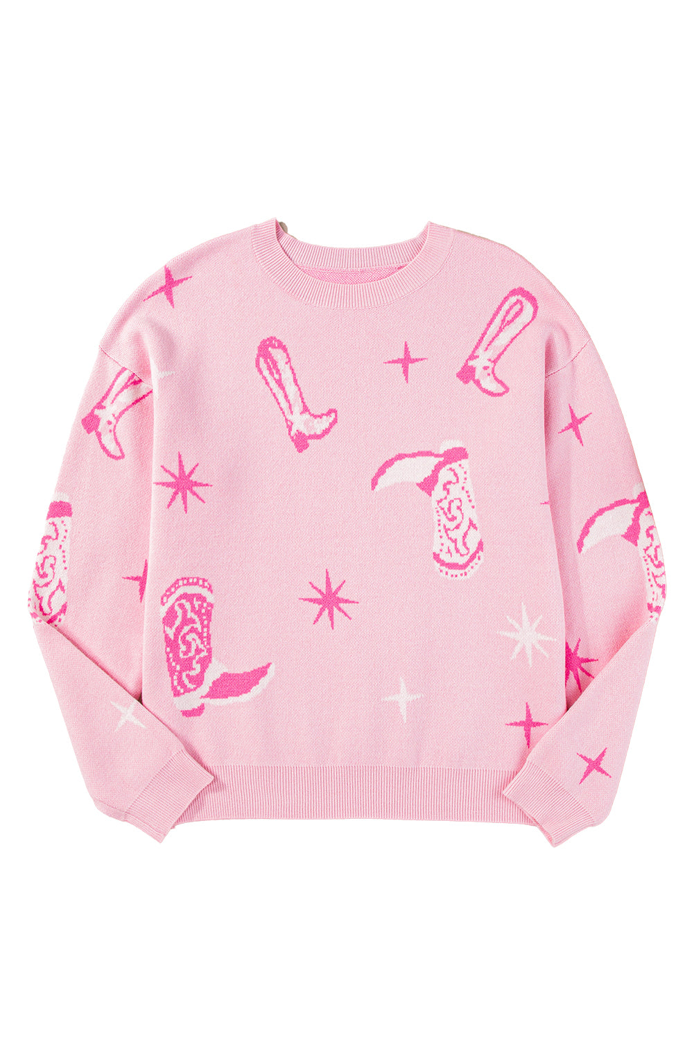 Pink Boots & Star Print Round Neck Sweater