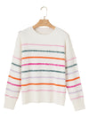 Black Colorful Striped Ribbed Trim Round Neck Sweater