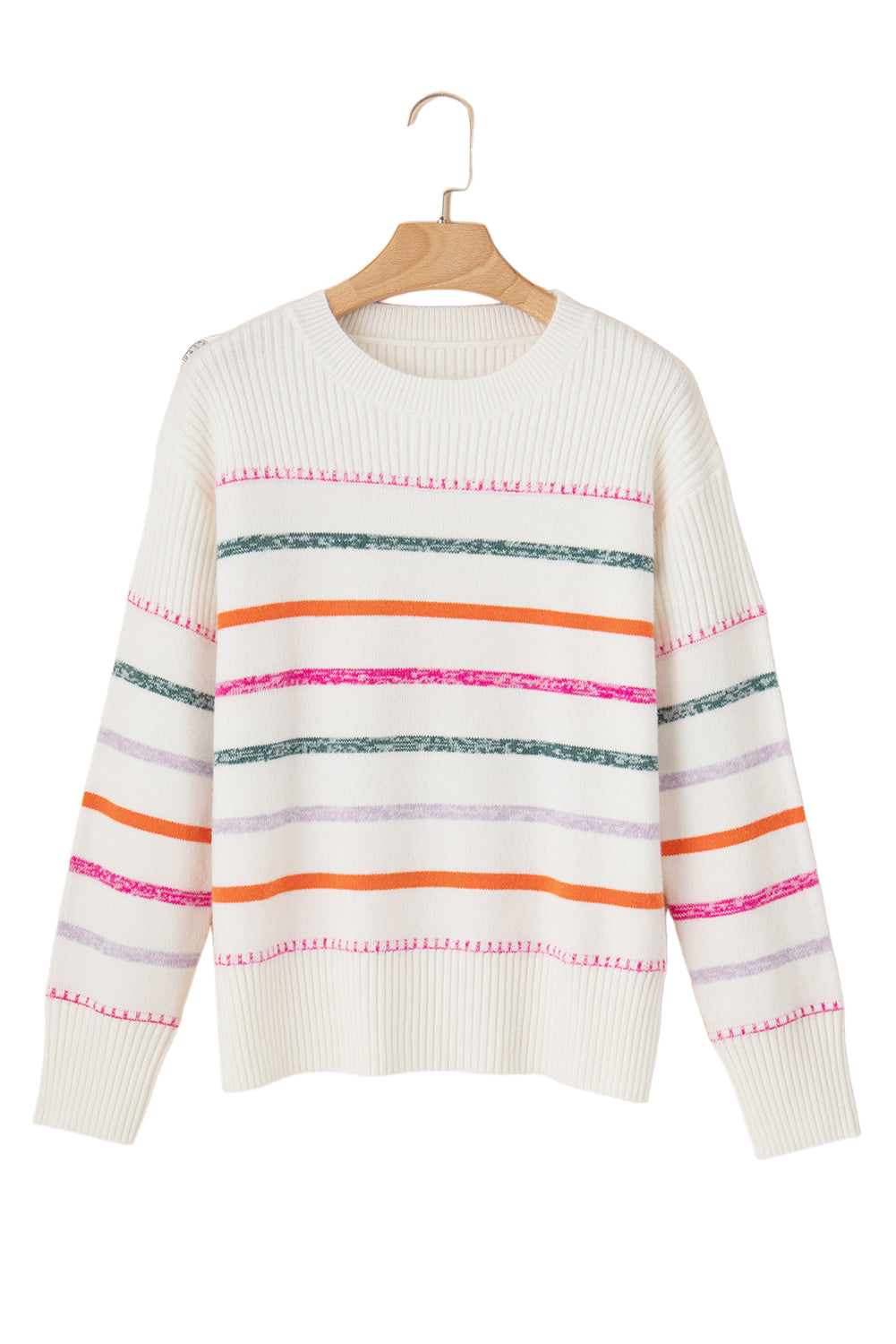 Black Colorful Striped Ribbed Trim Round Neck Sweater