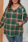 Green Plaid Plus Size Kangaroo Pocket Drawstring Hoodie