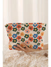 Red Colorful Flower Printed Rib Textured Cosmetic Bag