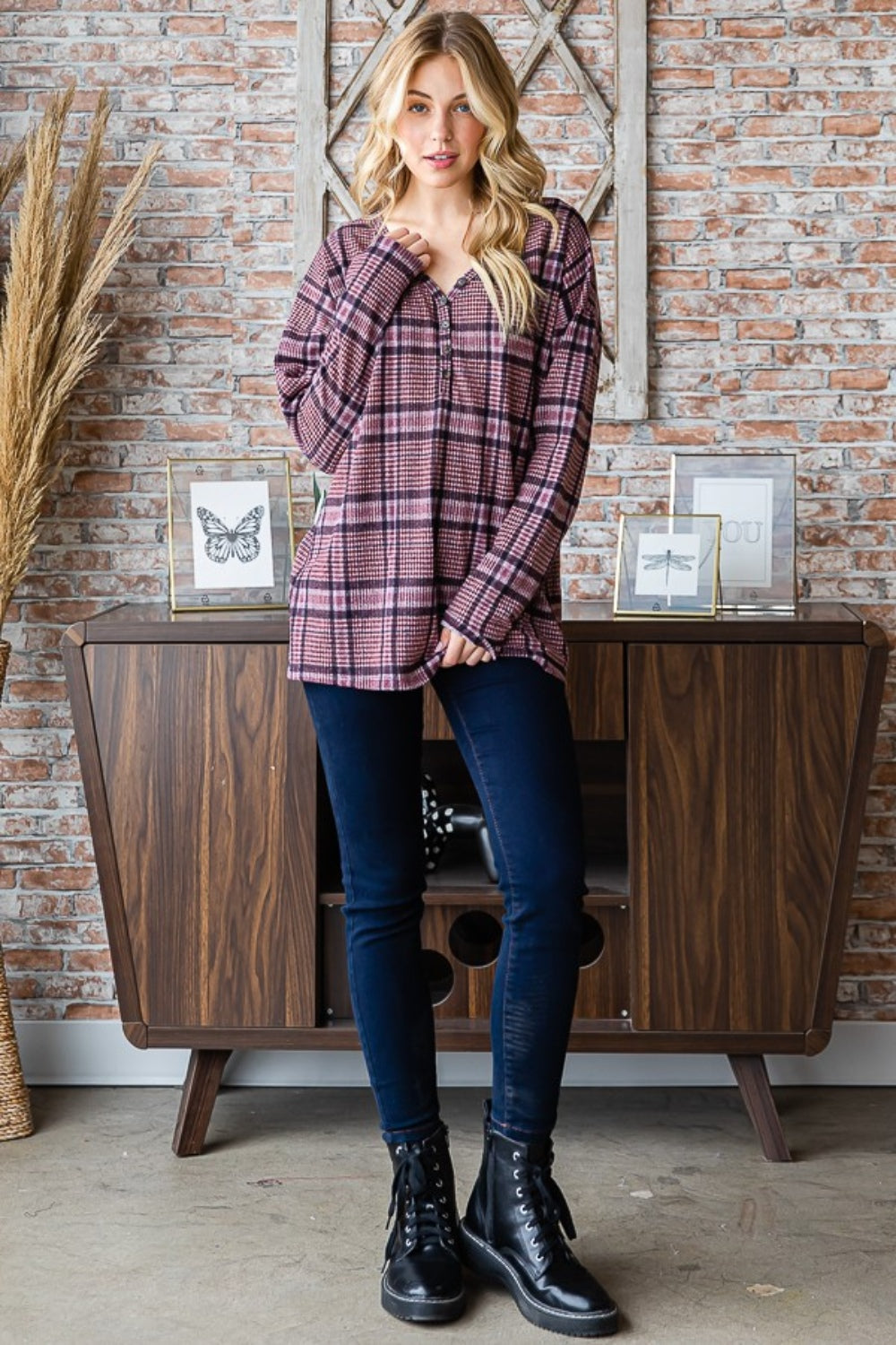 Heimish Full Size Plaid V-Neck Long Sleeve Top