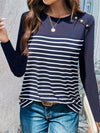 Decorative Button Striped Round Neck Long Sleeve T-Shirt - Cocoa Yacht Club