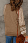 Brown Contrast Print Striped Raglan Long Sleeve Loose Top