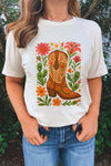 White Floral Boots Printed Casual Cotton Blend T Shirt