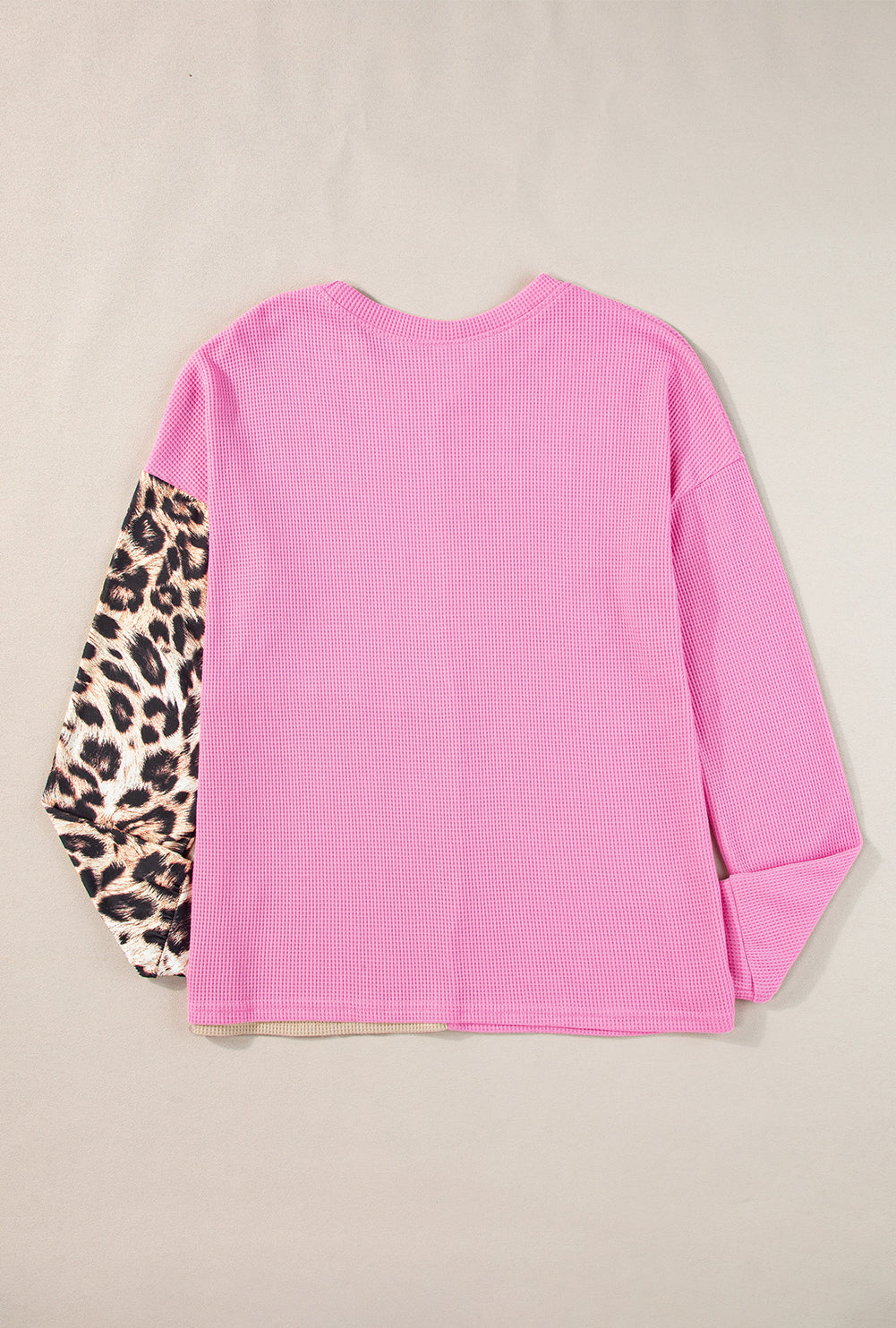 Pale Khaki Casual Waffle Knit Leopard Contrast Long Sleeve Top