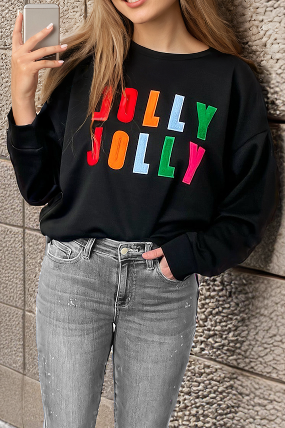 Black Chenille Holly Jolly Graphic Christmas Long Sleeve Top